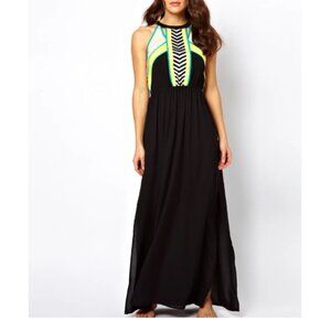 Studio Y Elegant Black Maxi Dress with Blue and Yellow Accent Size Large
